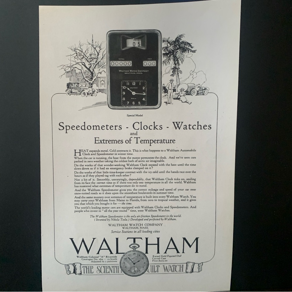 Vintage 1922 Waltham Watch Speedometers Clocks Ad Advertisement